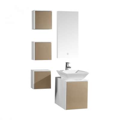 Small size pvc bathroom cabinet new cute design little size with shining high gloss painting LED mirror