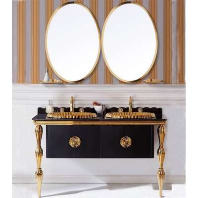 Luxury style double basin double mirror gold bathroom cabinet floor mounted saudi cabinets on sale