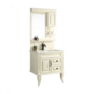 2020 china cream color bathroom cabinet with mirror side cabinet vanity toilet furniture with creamic marble wash sink 2 legs