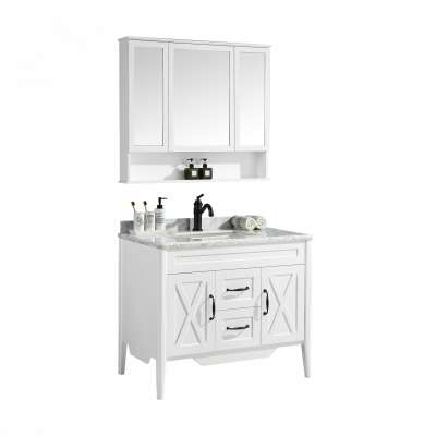 White big size bathroom cabinet with mirror cabinet floor mounted high quality with marble top belle cabinet with 4 legs