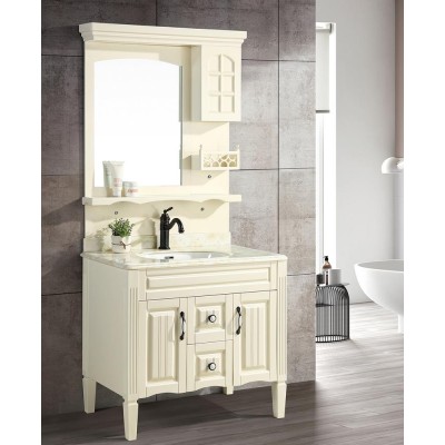 bathroom cabinet with small shelf with long leg marble top with ceramic basin