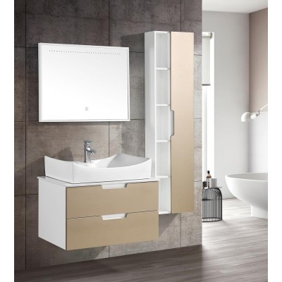 PVC shining painting 800mm bathroom artificial stone top and artificial ceramic basin with big side cabinet